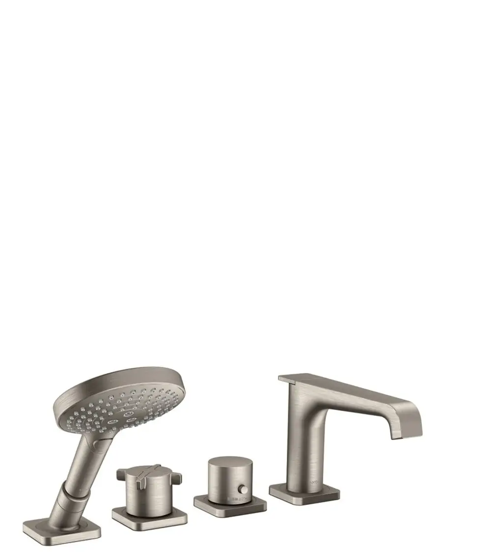 AXOR Wannenrandarmatur in Edelstahl-Optik mit vier Elementen, einschließlich Umsteller und Thermostat, zur Montage an der Wanne. Modernes, funktionales Design.